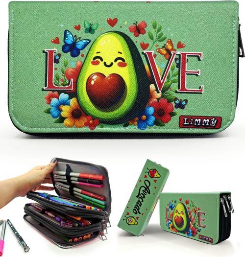 Kalem Kutusu Avakado Love Kawai Organizer Kalemkutu Vegan Deri Üç Bölmeli Kalemlik -Siyah
