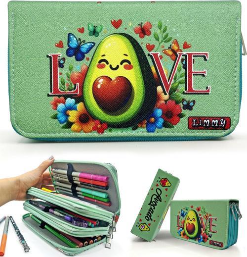 Kalem Kutusu Avakado Love Kawai Organizer Kalemkutu Vegan Deri Üç Bölmeli Kalemlik -Yeşil