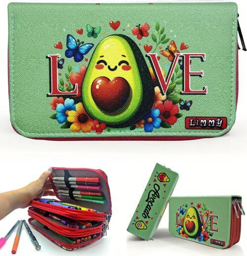Kalem Kutusu Avakado Love Kawai Organizer Kalemkutu Vegan Deri Üç Bölmeli Kalemlik - Kırmızı