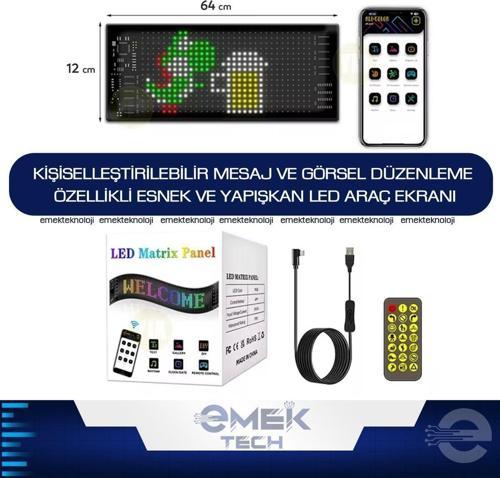 Kişiselleştirilebilir Mesaj ve Görsel Düzenleme Özellikli Esnek ve Yapışkan LED Araç Ekranı 64*12 CM