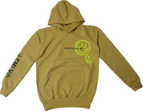 Erkek Çocuk Önü Arkası Kolu Emoji Smile Desenli Hardal Renk Kanguru Cepli Kapüşonlu Sweatshirt