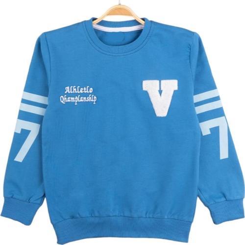 Erkek Çocuk Önü V Nakışlı Kolları Sayı Desenli Mavi Renk Sweatshirt