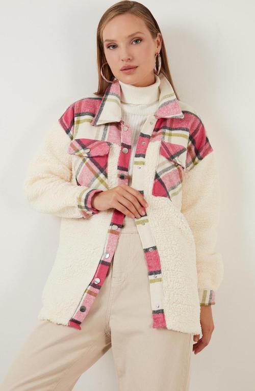 Oversize Ekose Desenli Cepli Suni Kürklü Kışlık Bayan Gömlek Ceket 42190477 FUŞYA