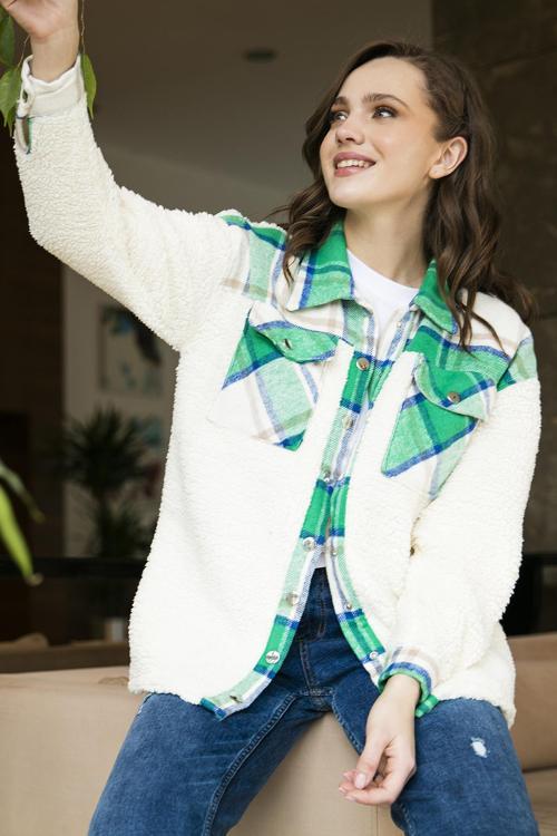 Oversize Ekose Desenli Cepli Suni Kürklü Kışlık Bayan Gömlek Ceket 42190477 YEŞİL
