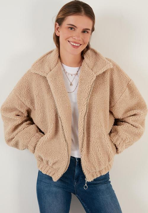 Oversize Fermuarlı Yumuşak Tüylü  Mont Bayan Kürk 42190017 VİZON