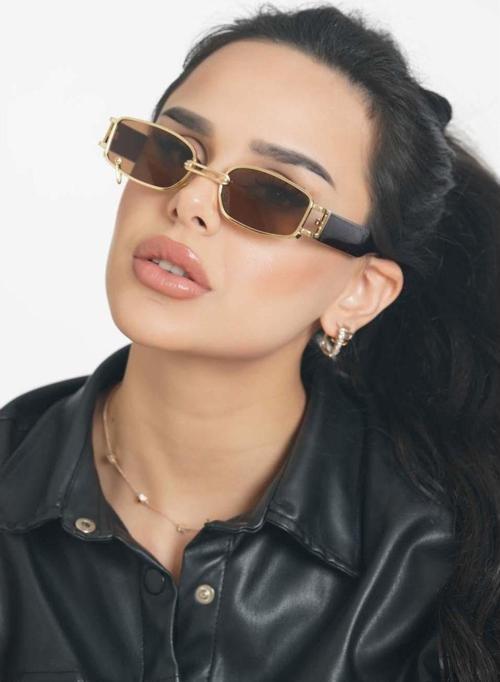 Kadın Güneş Gözlüğü Dikdörtgen Gold Kahve Çerçeve Kahverengi Piercingli Cam