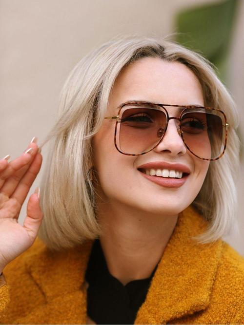 Kadın Güneş Gözlüğü Geometrik Tasarsım Leopar Çerçeve Kahverengi Cam