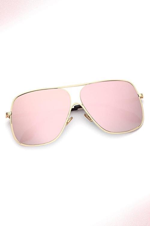 Kadın Güneş Gözlüğü Kare Tasarım Gold Çerçeve Pembe Aynalı Cam