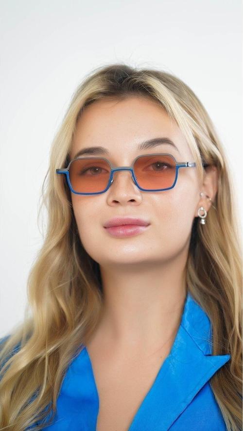 Kadın Güneş Gözlüğü Metal Dikdörtgen Çift Renk Çerçeve Çerçeve Turuncu Cam