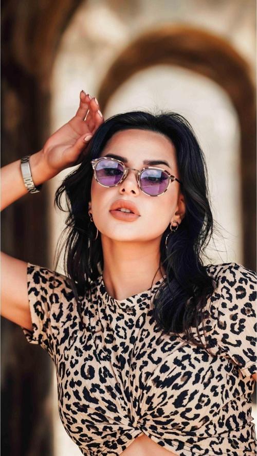 Kadın Güneş Gözlüğü Oval Benekli Çerçeve Mor Cam