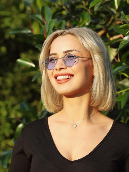 Kadın Güneş Gözlüğü Yuvarlak Tasarım Gümüş Çerçeve Mavi Cam