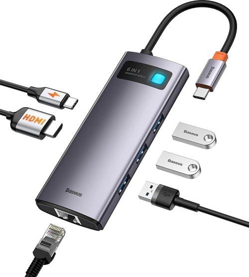 Metal Gleam 6 in 1 Multifonksiyonal Type-C Hub Dock Station - Gri