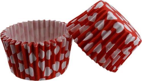 Kek Kalıbı Pet Kapsül 52X45 MM Kağıt Cupcake Kağıdı (100 Adet)  Kırmızıya Beyaz Kalp Desenli