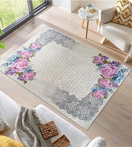 Kadife Dokulu Lastikli Süngerli Kaymaz Yıkanabilir Modern Desenlerde Halı Örtüsü- 6 M2