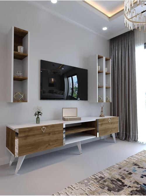 Festival Tv Ünitesi S3006-2-1 Cevi̇z Beyaz  - Color Si̇lver Tv Sehpası Ve Duvar Rafı