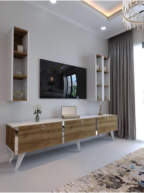 Festival Tv Ünitesi S3007-2-1 Cevi̇z Beyaz  - Color Si̇lver Tv Sehpası Ve Duvar Rafı