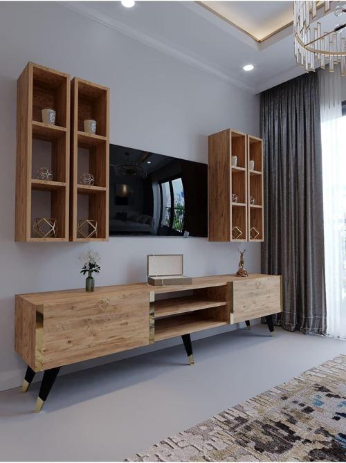 Tv Ünitesi G3001-6 Atlanti̇k Gold Color Tv Sehpası Ve Duvar Rafı