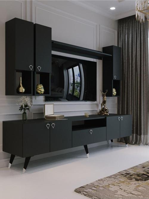 Modern Tv Sehpası Silver Gümüş Üçgen Kulp Kepli S8024-4 Antrasit