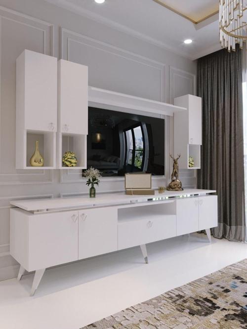 Modern Tv Sehpası Gold Üçgen Kulp Kepli S9024-1-1 Beyaz 35 Cm Derinlik