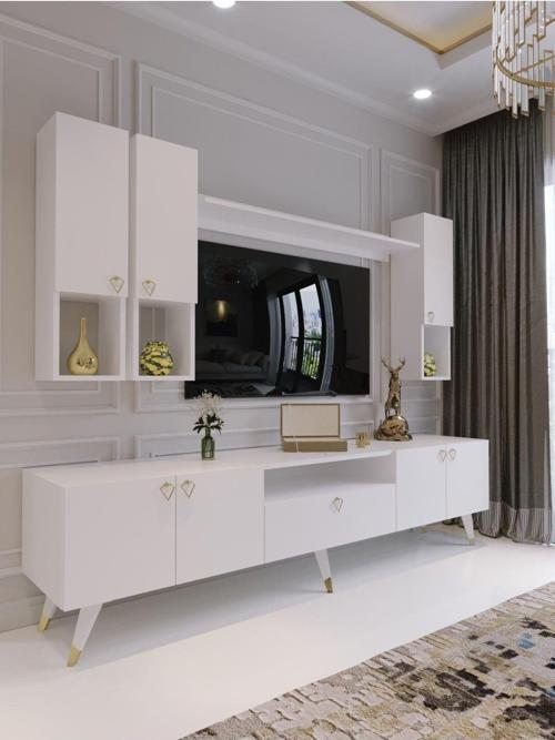 Modern Tv Sehpası Gold Üçgen Kulp Kepli G8024-1-1 Beyaz