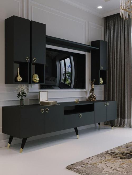 Modern Tv Sehpası Gold Üçgen Kulp Kepli G8024-4 Antrasit