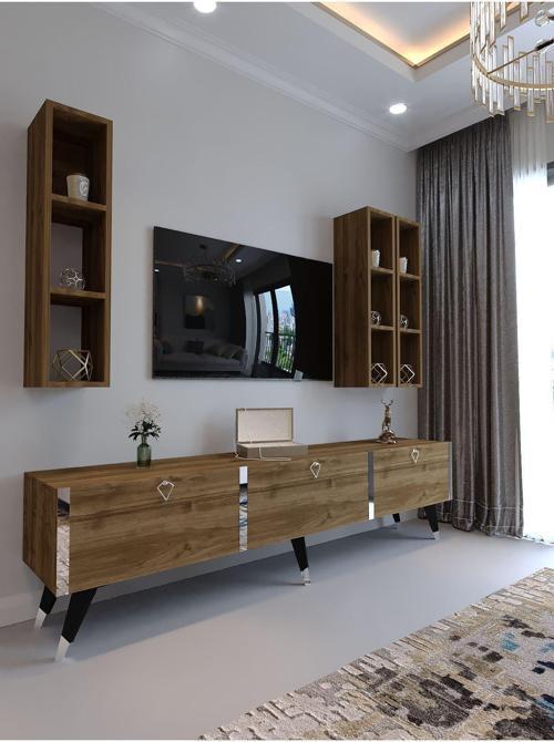 Festival S3007-2 Cevi̇z - Color Silver Detaylı Minifiks Bağlantı Tv Sehpası Ve Duvar Rafı