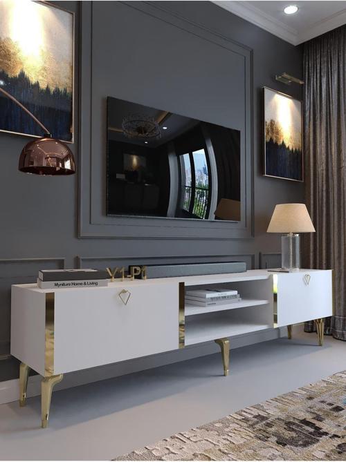 Festival Tv Sehpası G3830-1-Y1-P1 Beyaz Gold Metal Kulp