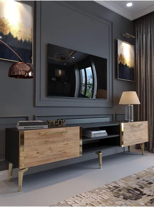 Festival Tv Sehpası G3830-4-6-Y1-D2 Ant. Çam Gold Metal Kulp