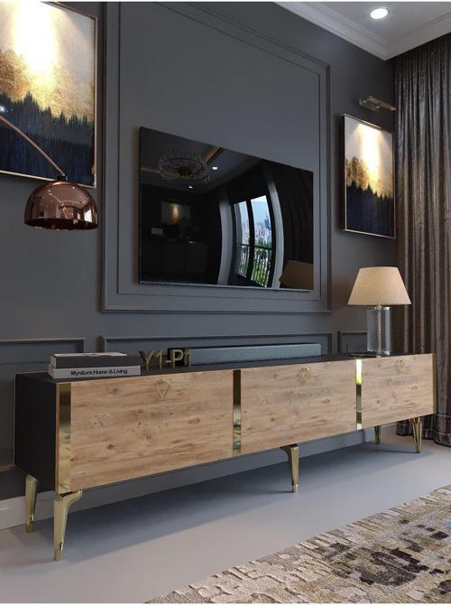 Festival Tv Sehpası G3817-4-6-Y1-P1 Ant. Çam Gold Metal Kulp