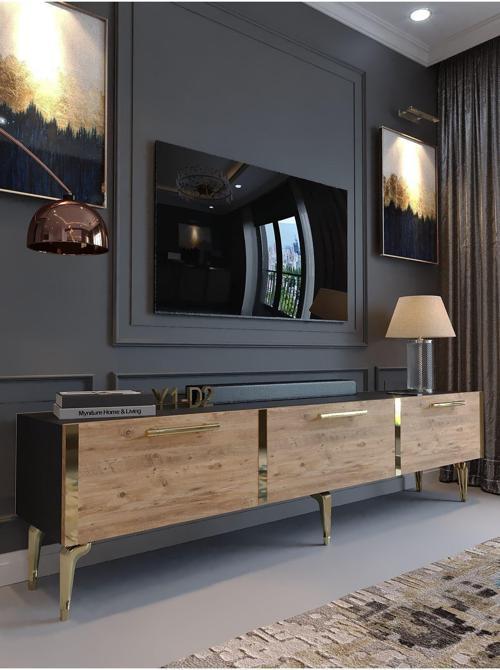 Festival Tv Sehpası G3817-4-6-Y1-D2 Ant. Çam Gold Metal Kulp
