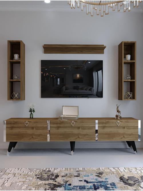 Festival S3008-2 Cevi̇z - Color Silver Detaylı Minifiks Bağlantı Tv Sehpası Ve Duvar Rafı