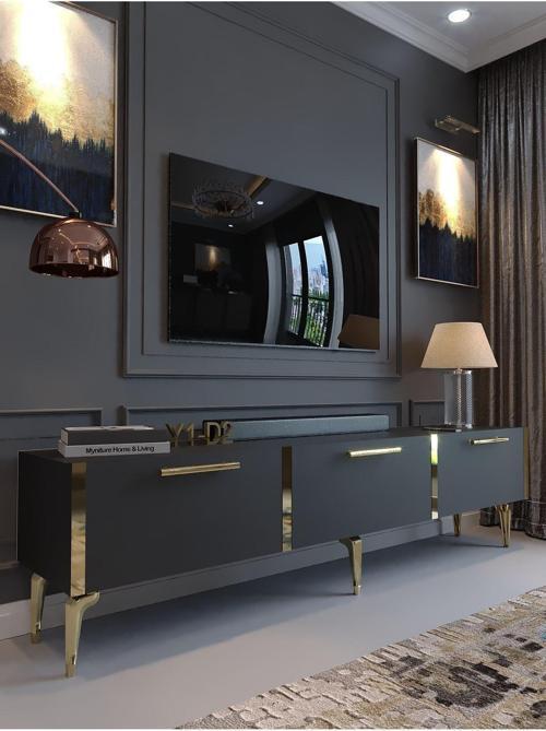 Festival Tv Sehpası G3817-4-Y1-D2 Antrasit Gold Metal Kulp