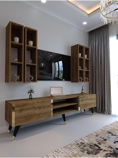 Festival G3001-2 Cevi̇z - Color Gold Detaylı Minifiks Bağlantı Tv Sehpası Ve Duvar Rafı