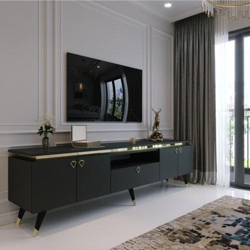 Modern Tv Sehpası Gold Üçgen Kulp Kepli G0M24-4 Antrasit 35 Cm Derinlik