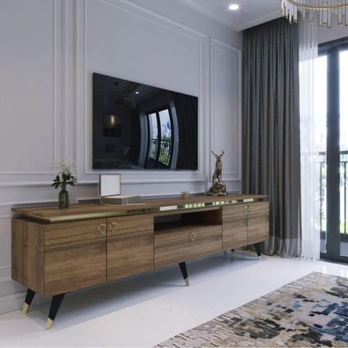 Modern Tv Sehpası Gold Üçgen Kulp Kepli G0M24-2 Ceviz 35 Cm Derinlik
