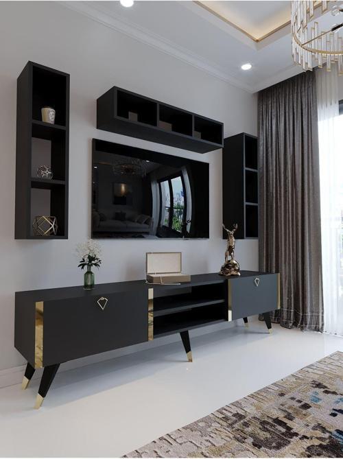 Festival Tv Ünitesi G3006-4 Antrasit - Gold Detaylı Minifiks Bağlantı Tv Sehpası Ve Duvar Rafı