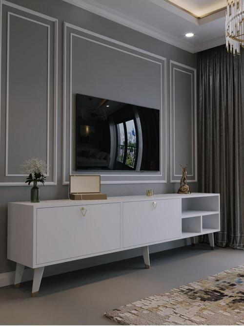 Festival Tv Ünitesi G6501-1 Beyaz Parlak Gold Detaylı Minifiks Bağlantı Tv Sehpası