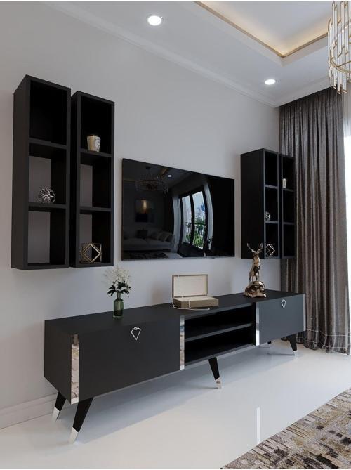 Festival Tv Ünitesi G3001-4 Antrasit - Silver Detaylı Minifiks Bağlantı Tv Sehpası Ve Duvar Rafı