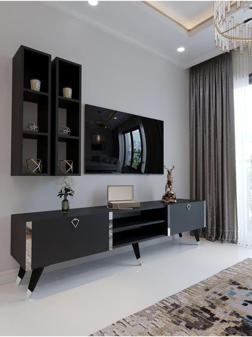 Festival Tv Ünitesi S3000-4 Antrasit - Silver Detaylı Minifiks Bağlantı Tv Sehpası Ve Duvar Rafı