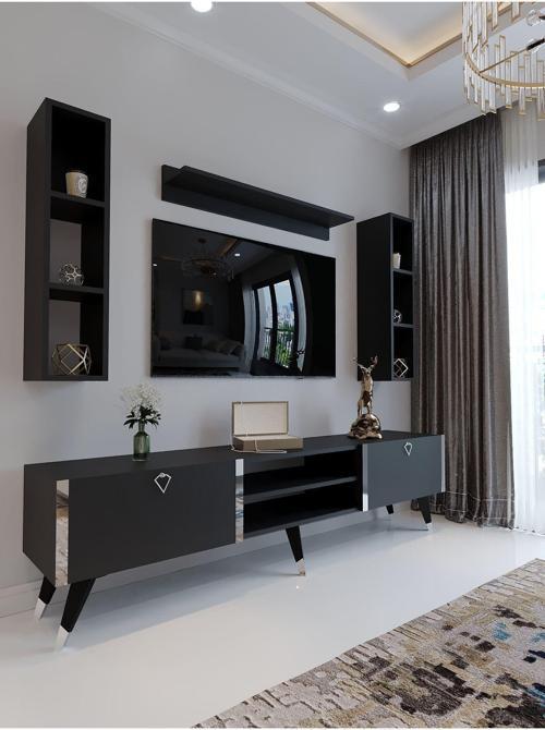 Festival Tv Ünitesi S3009-4 Antrasit - Silver Detaylı Minifiks Bağlantı Tv Sehpası Ve Duvar Rafı
