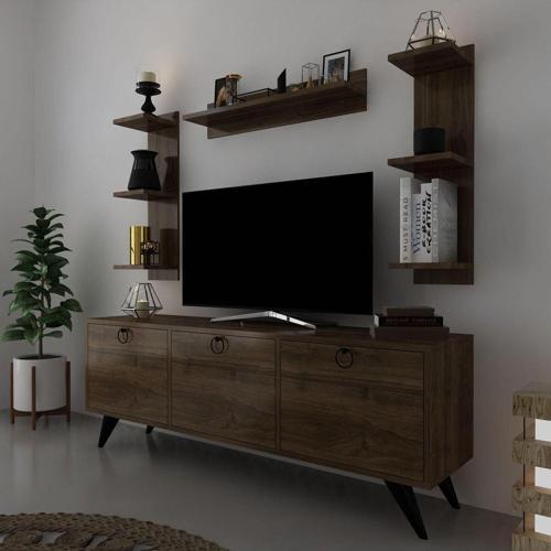 Icon Raflı Tv Ünitesi Q3028-2 Ceviz Kulplu Dolaplı Modern Tv Sehpası