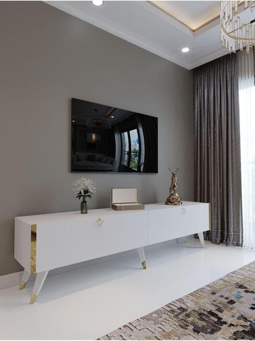 Festival Tv Ünitesi G3011-1 Beyaz Parlak Gold Detaylı Minifiks Bağlantı Tv Sehpası
