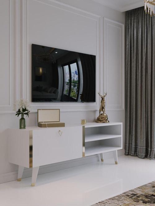 Festival Tv Sehpası G6304-1 Beyaz Parlak Gold Detaylı Minifiks Bağlantı Tv Ünitesi