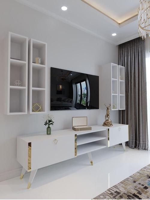 Festival Tv Ünitesi G3001-1 Beyaz Parlak Gold Detaylı Minifiks Bağlantı Tv Sehpası Ve Duvar Rafı
