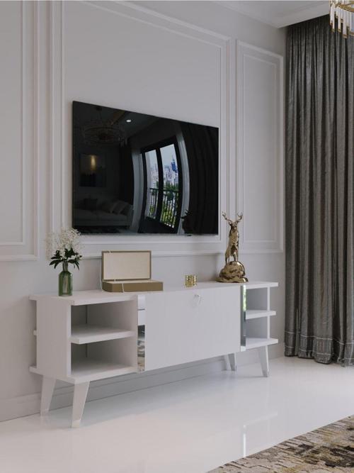 Festival Tv Sehpası S6306-1 Beyaz Parlak Silver Detaylı Minifiks Bağlantı Tv Ünitesi