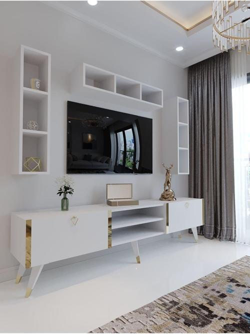 Festival Tv Ünitesi G3006-1 Beyaz Parlak Gold Detaylı Minifiks Bağlantı Tv Sehpası Ve Duvar Rafı