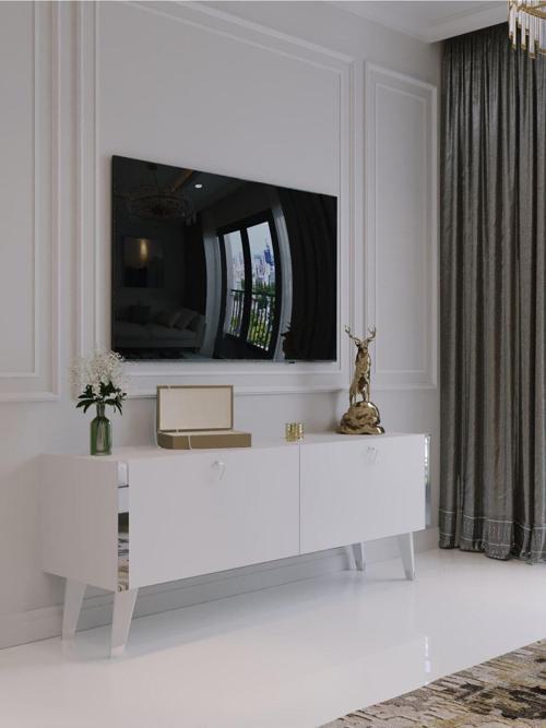 Festival Tv Sehpası S6305-1 Beyaz Parlak Silver Detaylı Minifiks Bağlantı Tv Ünitesi