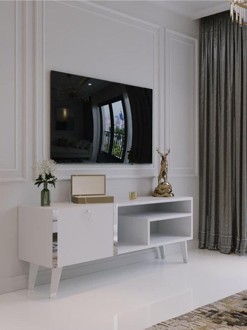 Festival Tv Sehpası S6307-1 Beyaz Parlak Silver Detaylı Minifiks Bağlantı Tv Ünitesi