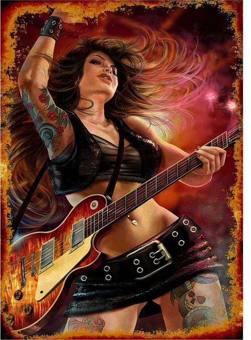 Elektro Gitar Çalan Kız Tasarım Mdf Tablo 50 cm x 70 cm