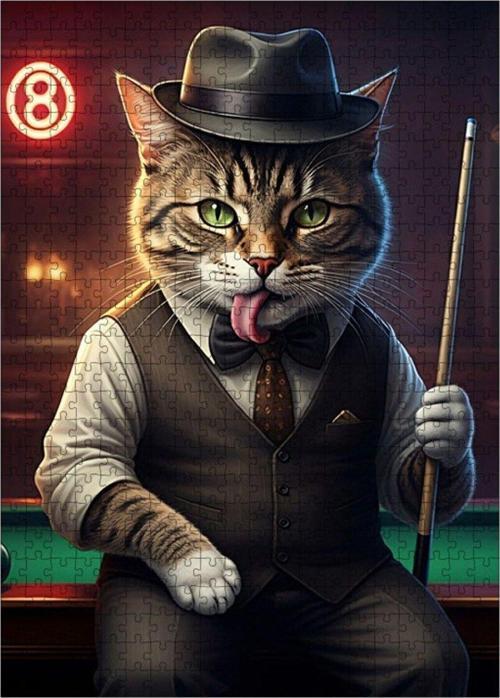 Ahşap Mdf Puzzle Yapboz Bilardo Oynayan Kedi 500 Parça 50 x 70 Cm